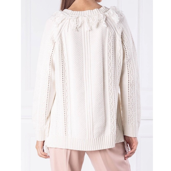 TWIN-SET MILANO KNITTED WOOL SWEATER WITH "V" NECKLINE FRINGE HEM CREAM- L - Picture 3 of 15